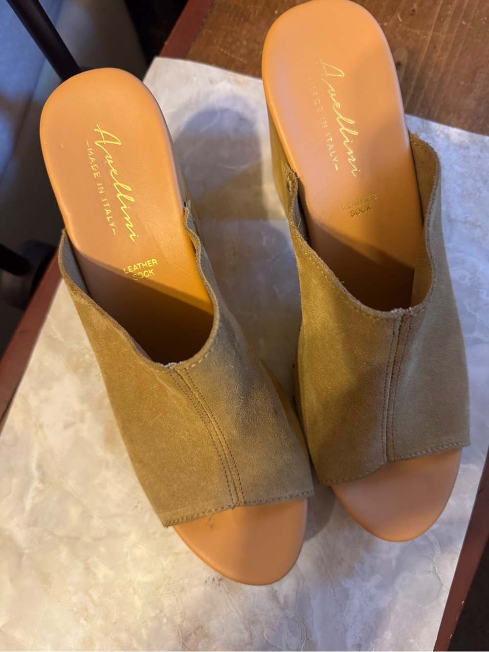 Avellini Taupe Suede Studded Block Heel Clogs Mule, open toed.Size 41 / 8.5 to 9